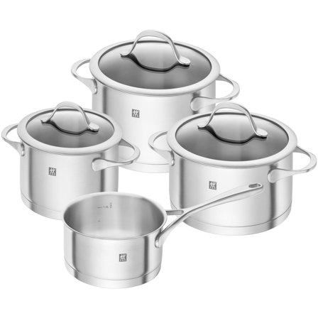 Zwilling Essence gryde- og kasserollesæt, 4 dele + 3 låg, rustfrit stål - Sølv | KitchenOne