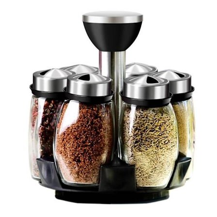 Sett med 6 roterende krydderstativ glass krydderkrukker kryddermikser salt- og pepperbøsse