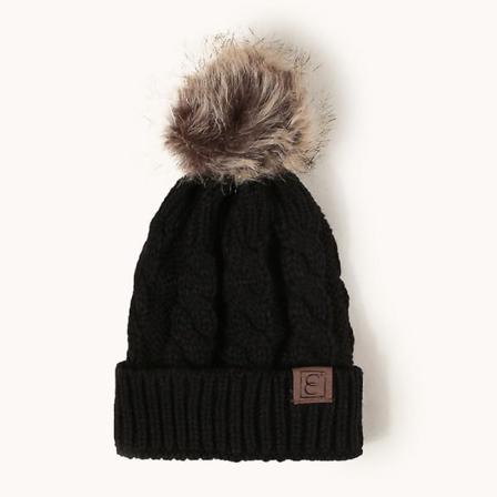 Paksu kaapeli neuloa Faux Fuzzy Fur Pom Fleece vuorattu kallo Cap Cuff Beanie(Musta)