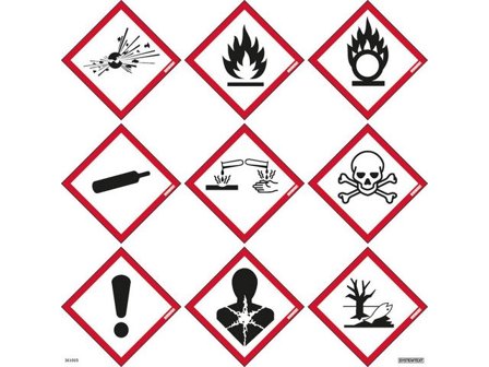 SYSTEMTEXT Skylt Faropiktogram CLP 9st 85x85mm - Lyreco - Skyddsutrustning - Säkerhetsmärkning och skyltar - Skyltar