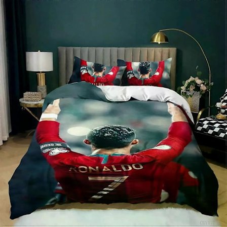 v1194 Sengetøj - Dynebetræk med Ronaldo Fodboldstjerne Printet Sengetøjssæt til Drenge og Piger, Blødt og Åndbart Dynetæppe, Enkelt Størrelse Gave 3-