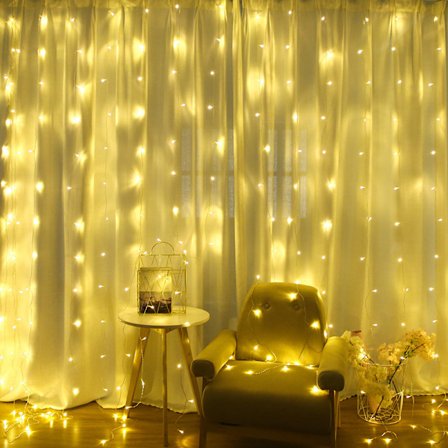 LED 3x3m, 300 LED valoketjuverho kaukosäätimellä ja ajastimella, 8 valotilaa, valoketjuverho ulko- ja sisäkäyttöön, joulujuhlakoristelu