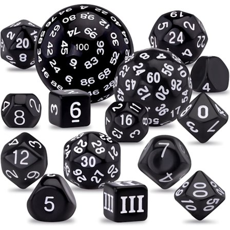 15-sidiga tärningssats, svart och vitt, Polyhedral Dice Set f
