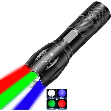 Multifarget 4-i-1 LED Lommelykt med Hvitt, Rødt, Blått og Grønt Lys, 4 Moduser Zoombar for Camping, Utendørs