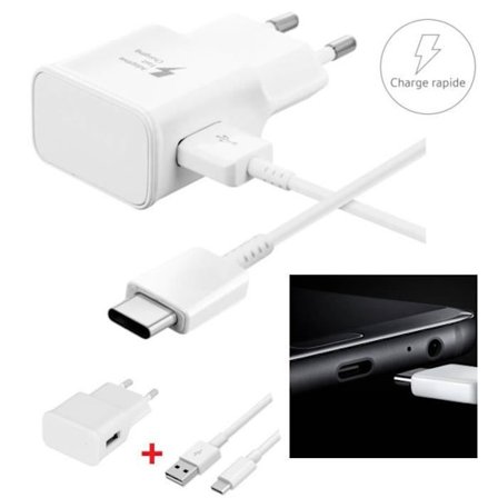 Oplader - SAMSUNG - A50 S10 S10e S10+ S8 S8+ S9+ - Hurtig opladning - USB Type C kabel - Hvid