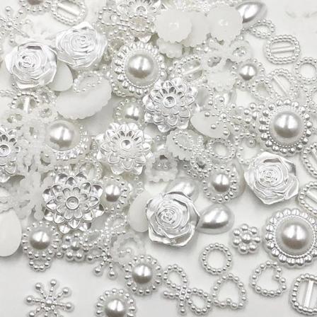 100pcs white ABS Resin Half Round flower Bow Alien Pearls For Art Flatback Non Hotfix Rhinestones Pearl Shoes Beads DIY Phone