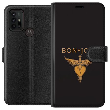 Kompatibelt Plånboksfodral till Motorola Motorola Moto G30 Ikonisk musikillustration med bevingat hjärta och dolk i guldtoner på mörk bakgrund, kr