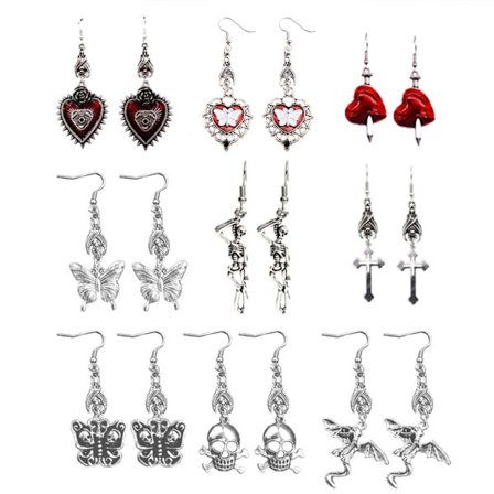 9x Goth Mysterious Drop Earring Smycken Rose Heart för Butterfly Bat Skull for Cross Hänge Charm Vintage Örhänge för W