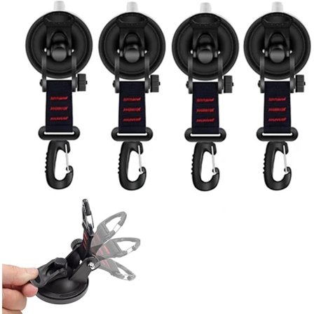 ING imukuppi koukulla, 4 monitoimista imukuppikoukkua, 360° kääntyvä D-ranneke, vahvat tyhjiöimukupit, S-koukut matkailuauton markiisiin, veneeseen