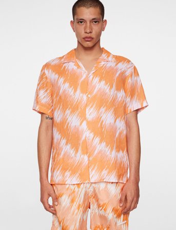 J. Lindeberg Elio Linen Printed Shirt - Orange - M