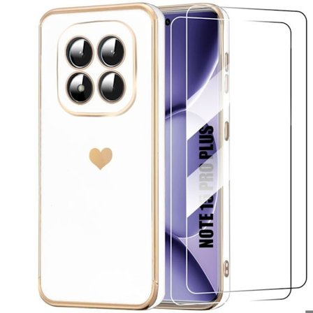 Cover til Xiaomi Redmi Note 15 Pro Plus 5G, Silikone Hjerte Mønster - Hvid - 2 Tempered Glass