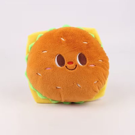 Hamburger-formede puder og kæledyrslegetøj, der ligner kyllingelår i udseende.