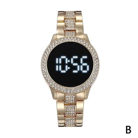 LED-klokke i rustfritt stål, dobbel rad, rhinestones, multifunksjonell, magnetisk spenne, digital klokke [Db] Gull