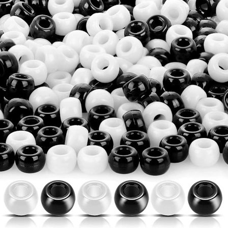 1000 Sorte og Hvide Hårperler til Fletning - 6 x 9 mm Uigennemsigtige Plastikperler til Børn, Tynde Perler til Håndværksarmbånd og Smykker