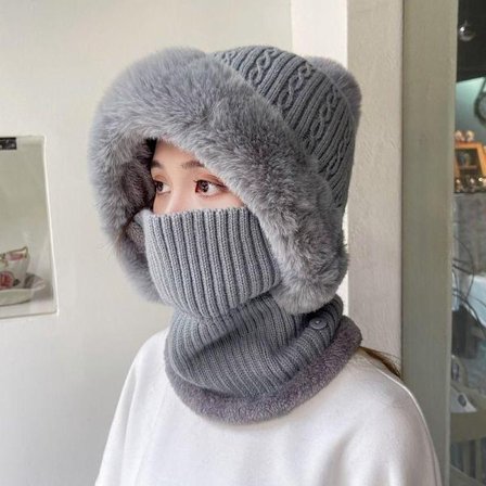 Vinterstrikket elefanthue til kvinder, varm heldækkende hue med øreklapper og halstørklæde, stilfuld skimaske til koldt vejr udendørs A (FMY) Grå