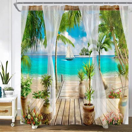 Skymning Solnedgång Strand Duschgardiner Tropiskt hav Palmträd Skog Vattenfall Naturlandskap Tyg Heminredning Set 2156C 200x180cm-78x70in