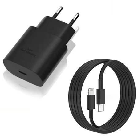 iPhone Hurtigoplader 25W USB-C Adapter + 3M Lightning Kabel SORT