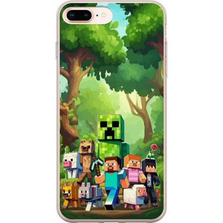 Kompatibelt Mobildeksel til Apple iPhone 7 Plus Blokkete pikselerte spillverden med grønne figurer og dyr i frodig skogsmiljø