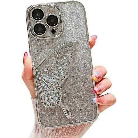 Liukuvärjätty glitterperhonen hiekkakuori iPhone 15 Pro Max -puhelimelle, läpinäkyvä hopeinen kotelo naisille ja tytöille