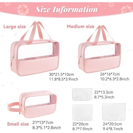 3 stk PVC kosmetikkvesker med håndtaksett, bærbar gjennomsiktig toalettartikler toalettveske vanntett