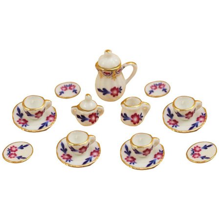 Farfi 15-dels set med miniatyrdockhus i keramik med blommiga tekannor, koppar och fat, leksak