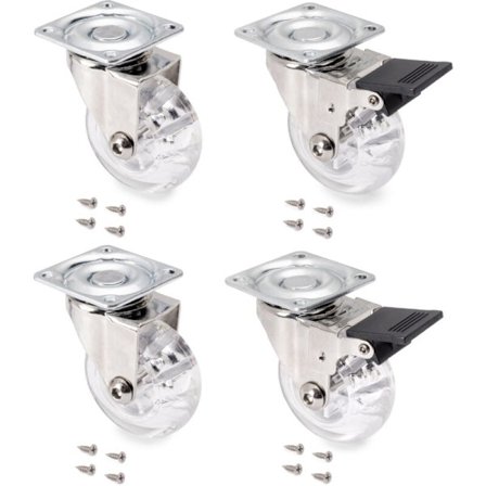 Sett med 4 transparente glidelåshjul med monteringsplate, 50 mm diameter, stål og plast