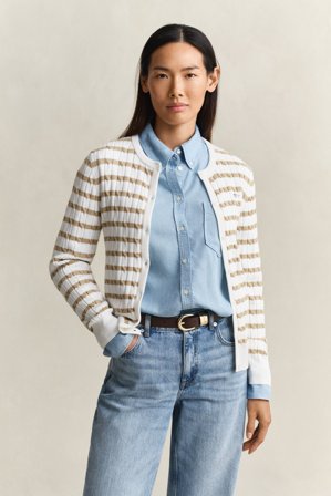 GANT Damen Gestreifte Zopfstrick Strickjacke (XL) Beige