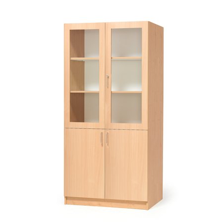 Wooden storage cabinet THEO with half glass doors, 1000x470x2100 mm, white