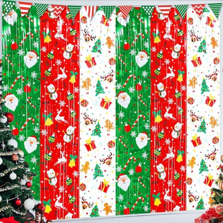 2 stk. juledekorationer, foliegardin med frynser og tape, juletema, metallisk streamer, fotobaggrund til vinterjuleferien