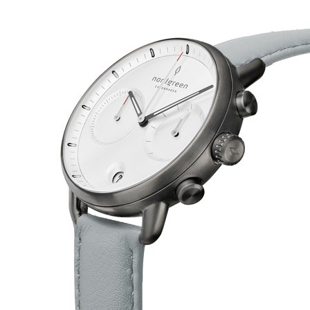 Nordgreen - Minimalistyczny Męski Duński Zegarek Chronograf - Biała Tarcza - Pasek ze skóry wegańskiej Gołębioszary