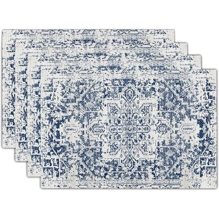 Navy Blå Grå Boho Plassmatter Sett med 4 Etnisk Bohemian Teppe Plassmatter Vaskbar Kjøkken Spisestue Vintage Grå Geografi