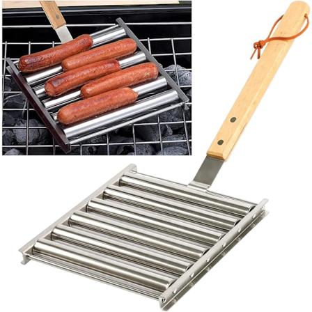 Pølse-Rulle i Rustfrit Stål med Ekstra Langt Træhåndtag, BBQ Pølse-Grill til Jævnt Tilberedte Pølser, 5 Pølse Kapacitet Silver