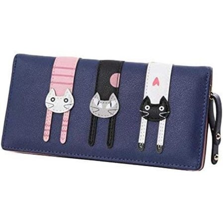 Lang læderpung til kvinder med lynlås Sød tegneseriekat safir safir