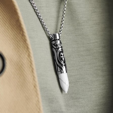Rico Silver-tone White Turquoise and Skull Bullet Pendant Necklace for Men - Steel necklaces