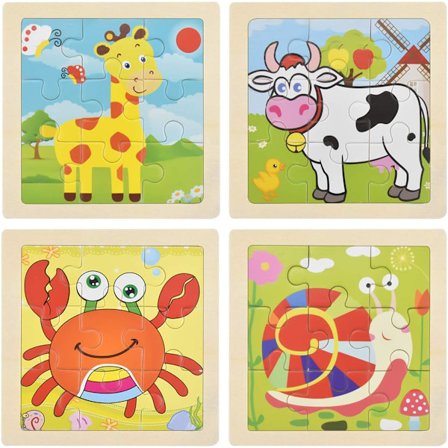 Trepuslespill for småbarn, Mini Kids Jigsaw Toy, 4 pakker med 9 biter