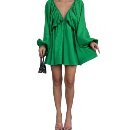 2023 Kjoler til Kvinner V-Hals Midje Bånd Ruffle Mini Kjole Swing Skater Boble Lang Ermet Sommerkjole (Grønn L)