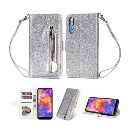 Huawei P20 Pro kimalteleva synteetti nahkainen lompakko suojakotelo mobiilirannekkeella - Hopea Silver grey