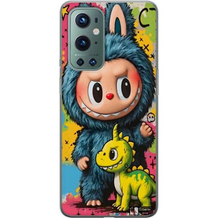 Yhteensopiva Puhelinkuori OnePlus 9 Pro Söpö hahmo sinisessä hirviöasussa Labubu, jossa pieni keltainen dinosaurus värikkäässä kawaii taiteessa, söpö