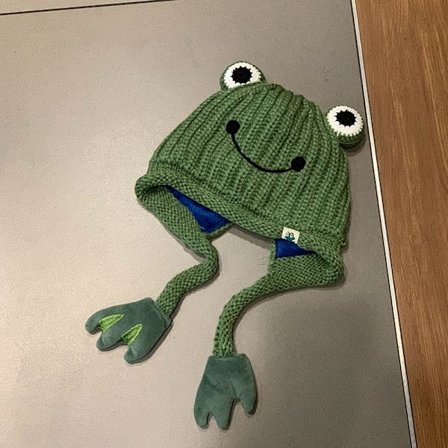 Sødt frøhue til kvinder, hæklet strikket hue, storøjet frø, strikket vinterørebeskyttende hue, strikkede huer til udendørs efterår til hovedomkreds 