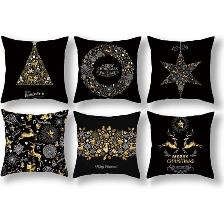 Set med 6 juleputetrekk 18X18, svart og gull fløyel dekorative putetrekk med juletre hjortmønster