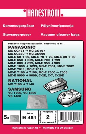 HANESTRÖM Dammsugarpåsar PANASONIC MC-E700, MC-E800