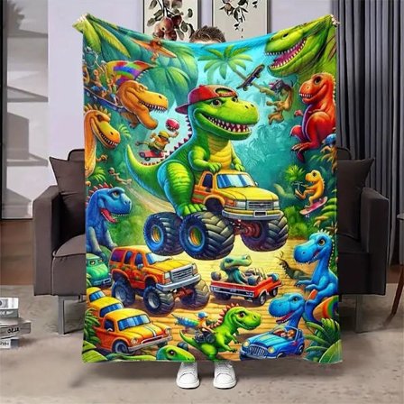 Behageligt dinosaurustruck-flanneltæppe - universelt i alle årstider, velegnet til lur og brug i bilen, blød polyesterfiber, grøn. 100*75 cm