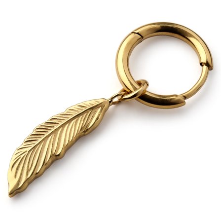 Pendiente de aro con colgante de pluma de titanio dorado para hombres - Pendientes de aro con colgante