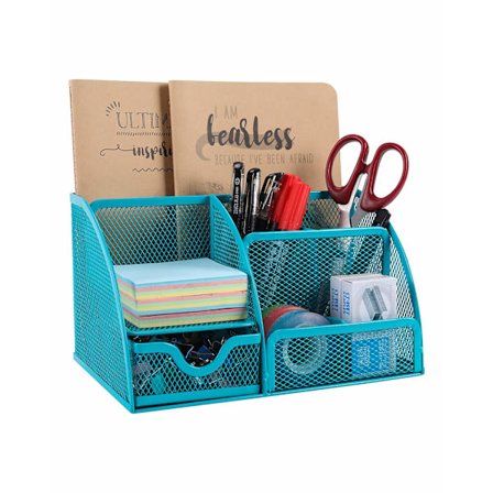 Kontor Mesh Skrivebord Ryddig Allsidig Skrivesaker Oppbevaring Skrivebord Organiseringsholder Penneholder med Skuff, Turkis