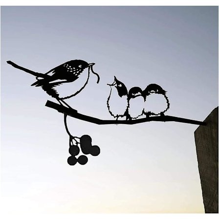 Siluett av fågel i metall, dekoration av fåglar på gren (C-matning av fåglar), staty fåglar träd konstfigur dekoration