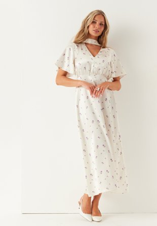 BUBBLEROOM - Satin Scarf Maxi Dress - White/Floral