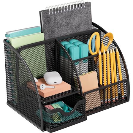 Kontorpultorganisator, 7-roms metallnetting pennholder med skuff - Sklisikker svart pultoppbevaring (22 x 14 x 12,7 cm), plassbesparende oppbevaring