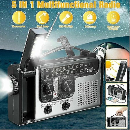 Solradio med AM/FM-vev, SOS-nödladdare för telefon, LED-ficklampa, USB