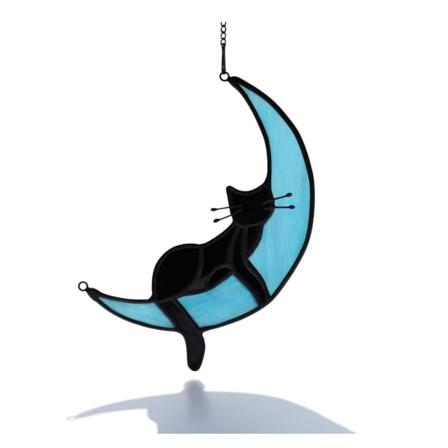 Sort kat sover på månen, farvede glasvinduesdekorationer, kattedekorationer, kattegaver til katteelskere, kattesouvenir