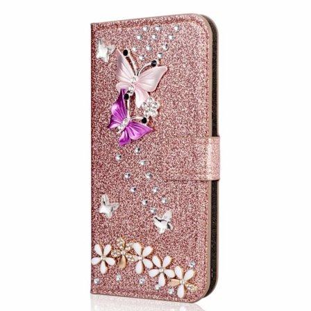 Deksel til iPhone 13 Pro Rose gull glitter sommerfugl rhinestone kortspor lommebok lær innlagt d